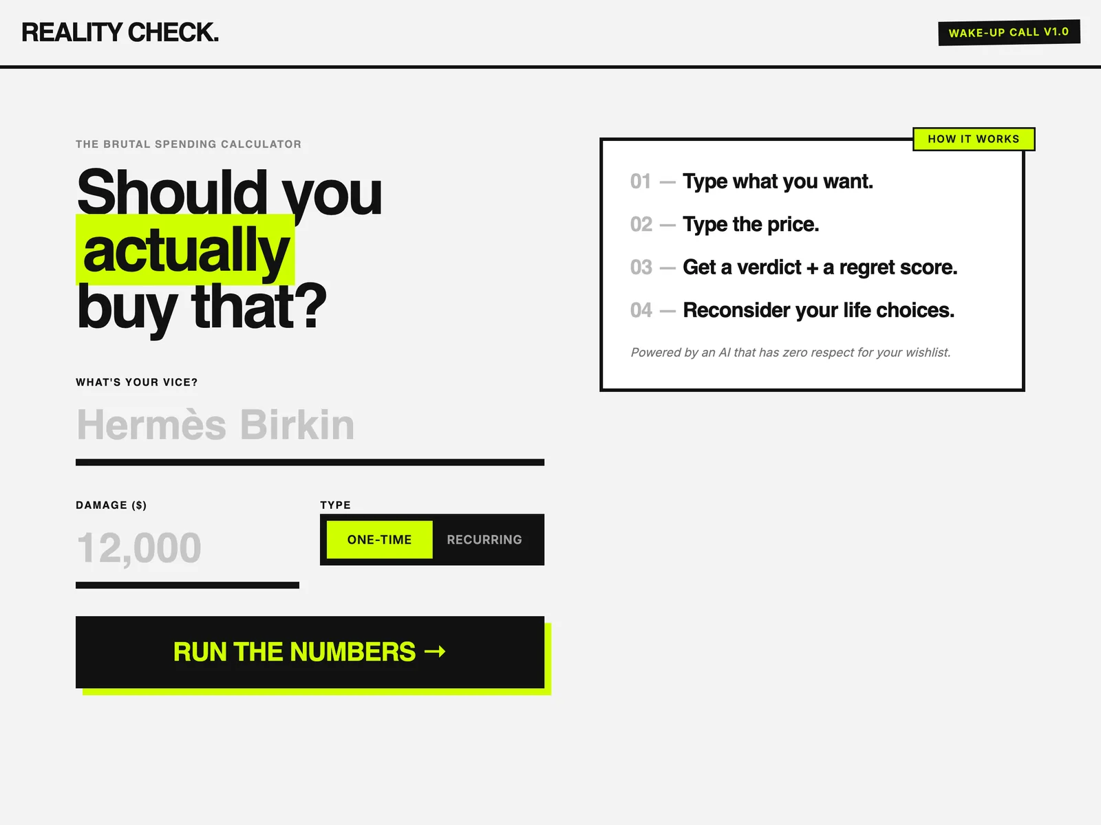 Screenshot of the Reality Check spending calculator